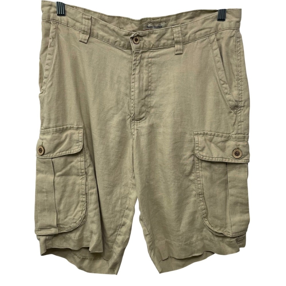 Barry Bricken Men 32 Tan 100% Linen Cargo Shorts Khaki Utility Summer Casual Y2K